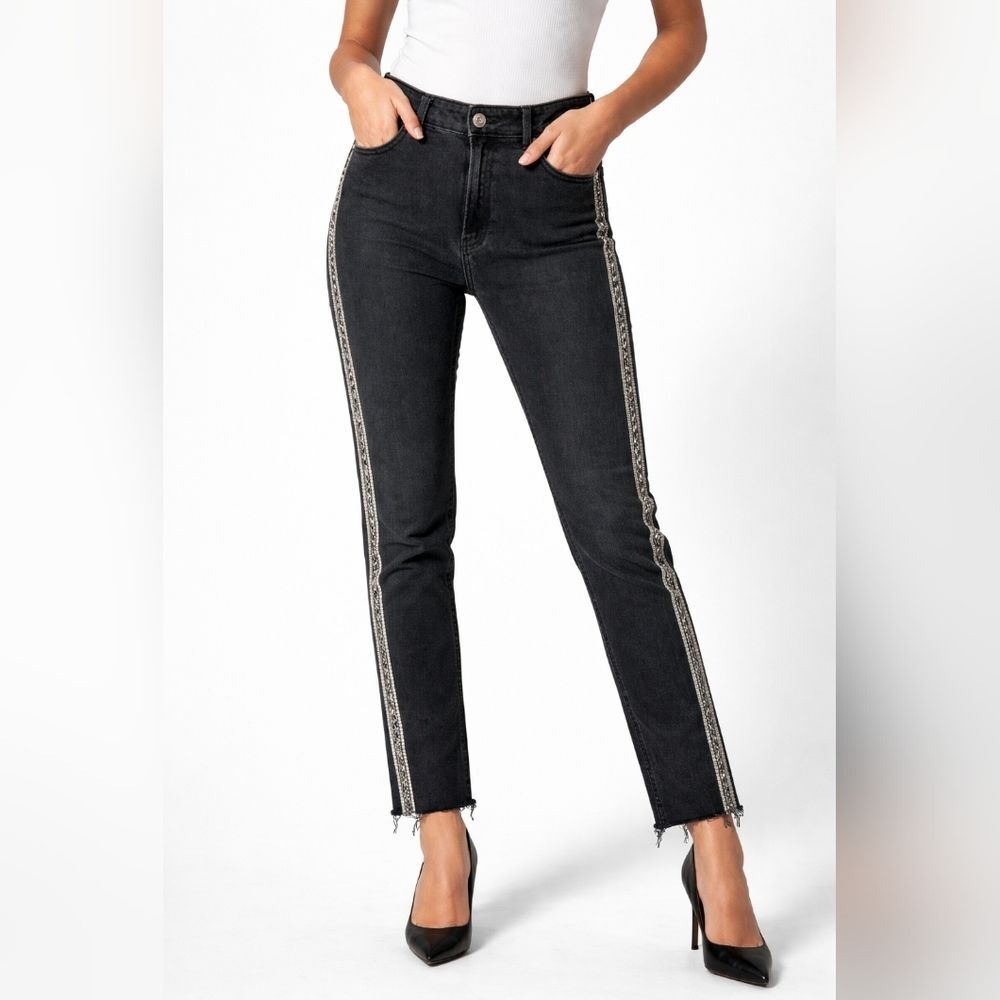 Denim Co Black Rhinestone Side Stripe Jeans High Rise Straight Leg Sz 8 Raw Hem